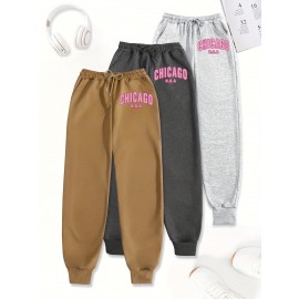 3-Pack Women'S Chicago Letter Print Sweatpants, Elastic Waist Casual Joggers, Polyester Knit, Loose Fit, Pockets, All-Season Sportswear, Adult Sizes