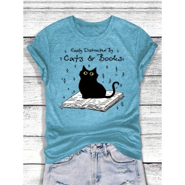 [Playful Cat T-Shirt] Lightweight & Stretchy Charming Black Cat & Book Illustration T-Shirt | Casual Crew Neck, Short Sleeve, Perfect for Spring & Summer, S-XXL, Cat Lover Gift