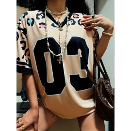 [Sporty Chic T-Shirt] Lightweight Breathable Women's V-Neck T-Shirt | Sporty Chic Design with Bold '03' Numerals & Leopard Print - Machine Washable, Spring/Summer Casual Top