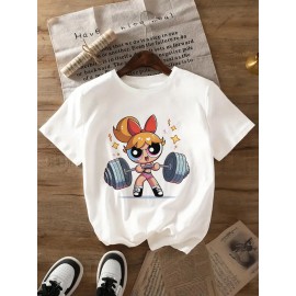 Women'S Y2K-Inspired Casual T-Shirt with Cartoon Print - Short Sleeve, Round Neck, All-Season Top | Playful Anime-Style Design with Bow and Weightlifting