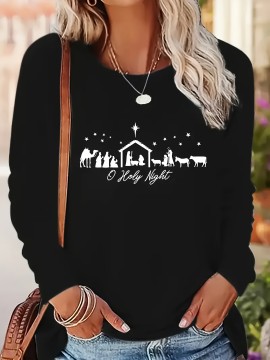 Women's Long Sleeve T-Shirt - Black Round Neck Casual Polyester Top with Geometric Applique Design, Machine Washable Holiday Apparel for Autumn Winter, Festive Clothing, Festive Design, Detailed Embroidery