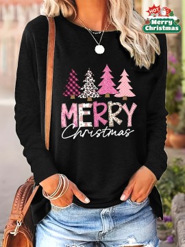 [Christmas Plus Size T-Shirt] Christmas Plus Size Women's Long Sleeve T-Shirt | Black with Pink Merry Christmas Script & Tree Design | Casual Holiday Party Top | Machine Washable Everyday Winter Outfit Essential