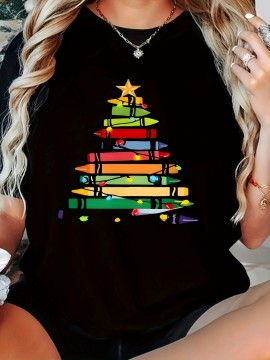 Women's Plus Size Geometric Christmas Tree Print T-Shirt - Polyester Blend Crew Neck Tee with Medium Stretch, Casual Short Sleeve Top for Spring/Summer - Festive Black Fashion