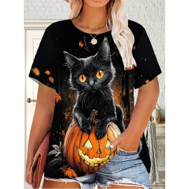 Plus Size, Large Size Women's Halloween Cat T-Shirt - 3D Print Design, Round Neck Short Sleeve Casual Top for Parties, Casual Attire & Gifting | Durable Lightweight Fabric | Stretchy Material