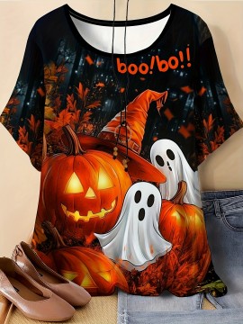 [Women's Halloween T-Shirt] Plus Size - Women's 3D Print Halloween T-Shirt - Spooky Witch & Pumpkin Design, Breathable Short Sleeve Crew Neck, Machine Washable, Soft Fabric, Perfect for Fall & Halloween Celebrations, Halloween Shirts