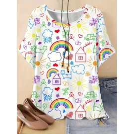 Plus Size - Fun Graffiti 3D Print, Comfortable And Breathable Elastic Fabric, Casual Loose Fit, Machine Washable Round Neck Short Sleeve T-Shirt, Suitable for Spring, Summer, And Autumn Outdoor And Weekend Gatherings.