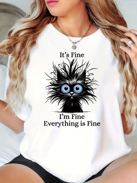 Plus Size, European and American bestseller, stylish plus-size Women's cute cat print T-shirt, comfortable and elegant casual round-neck short-sleeve top for spring, summer, and autumn seasons, machine washable