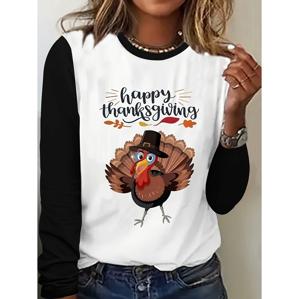 Plus Size, Women's Thanksgiving Turkey Graphic Long Sleeve T-Shirt - Happy Thanksgiving Top with Fall Leaves, White Shirt for Holiday Parties & Everyday Fall Outfits - Machine Washable Casual Women's Apparel