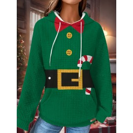 Plus Size - Women'S Festive Christmas Hoodie - Cozy Long Sleeve Pullover with Santa & Candy Cane Design, Green, Casual Holiday Sweatshirt for Cold Weather, Christmas Clothes