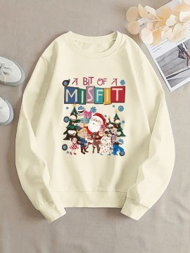 Plus Size, Large-Sized Women's Christmas Cartoon Print Hoodie - Oversized Round-Neck Pullover Sweatshirt with Santa & Elves, Soft Casual Sleeve, Machine Washable Cozy Winter Holiday Sweater for Women