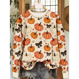 Plus Size, Plus Size Women's Halloween Pullover Sweatshirt - Oversized Casual Round Neck Long Sleeve with Pumpkin Floral Butterfly Print, Machine Washable Fall Autumn Holiday Party Top