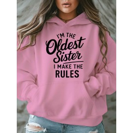 Women'S Plus Size Casual Hoodie with Pockets, Oversized Alphabet Print Long-Sleeve Pullover, 100% Polyester Knit Fabric, Slight Stretch, Fall/Winter Fashion Top