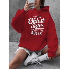 Women'S Plus Size Casual Hoodie with Pockets, Oversized Alphabet Print Long-Sleeve Pullover, 100% Polyester Knit Fabric, Slight Stretch, Fall/Winter Fashion Top