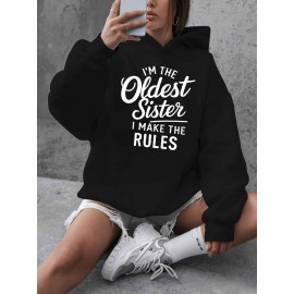 Women'S Plus Size Casual Hoodie with Pockets, Oversized Alphabet Print Long-Sleeve Pullover, 100% Polyester Knit Fabric, Slight Stretch, Fall/Winter Fashion Top