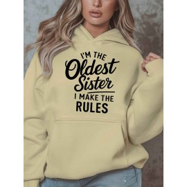 Women'S Plus Size Casual Hoodie with Pockets, Oversized Alphabet Print Long-Sleeve Pullover, 100% Polyester Knit Fabric, Slight Stretch, Fall/Winter Fashion Top