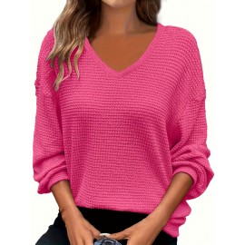 Plus Size - Plus Size V-Neck Pullover Sweatshirt - Soft Stretchy Casual Elegant Long Sleeve Top, Solid Color Spring/Fall Layering Essential for Women & Men, Comfortable Casual Attire, Relaxed Fit, Medium Elasticity
