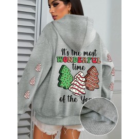 Winter Warmth | Women's Plus Size Christmas Tree Print Hoodie - Cozy Long Sleeve Pullover with Pockets, Festive 