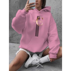 Calvin s Plus Size Oversized Hooded Sweatshirt - Light Grey with Black Letter 'C' & Golden Stripes Print, Cozy Fleece Pullover with Pockets, Women's Autumn Winter Casual Clothing, Autumn Winter Apparel, Comfortable Sweatshirt