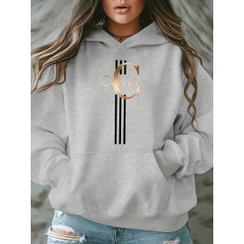 Calvin s Plus Size Oversized Hooded Sweatshirt - Light Grey with Black Letter 'C' & Golden Stripes Print, Cozy Fleece Pullover with Pockets, Women's Autumn Winter Casual Clothing, Autumn Winter Apparel, Comfortable Sweatshirt