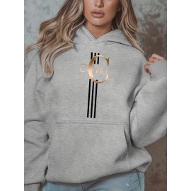 Calvin s Plus Size Oversized Hooded Sweatshirt - Light Grey with Black Letter 'C' & Golden Stripes Print, Cozy Fleece Pullover with Pockets, Women's Autumn Winter Casual Clothing, Autumn Winter Apparel, Comfortable Sweatshirt