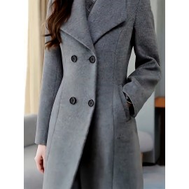 Double Breasted Lapel Longline Jacket, Elegant Long Sleeve Pockets Simple Slim Overcoat For Fall & Winter, Women's Clothing