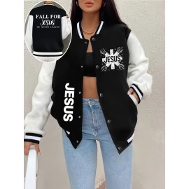 [Jesus Letter Print Coat] Women's Jesus Letter Print Coat - Black & White Color Block Jacket, Machine Washable Winter Outerwear for Church, Everyday & Special Events - Faith-Based Women's Clothing, Casual Cold Gear, Sleek Fabric Finish