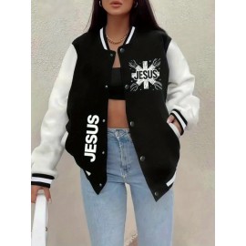 [Jesus Letter Print Coat] Women's Jesus Letter Print Coat - Black & White Color Block Jacket, Machine Washable Winter Outerwear for Church, Everyday & Special Events - Faith-Based Women's Clothing, Casual Cold Gear, Sleek Fabric Finish