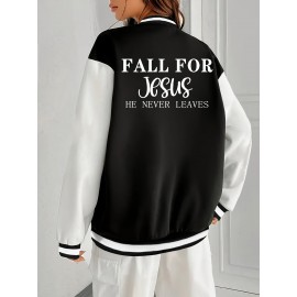 [Jesus Letter Print Coat] Women's Jesus Letter Print Coat - Black & White Color Block Jacket, Machine Washable Winter Outerwear for Church, Everyday & Special Events - Faith-Based Women's Clothing, Casual Cold Gear, Sleek Fabric Finish