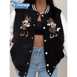 Women'S Vintage Mickey Mouse Decorated Black Bomber Jacket with Sequins - Casual Streetwear, Long Sleeve, Button-Up, Baseball Collar, Fall/Winter Fashion, Casual Streetwear Jacket | Playful Design | Sequin Embellishments