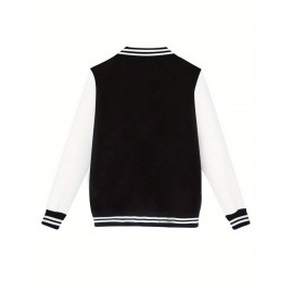 Women'S Vintage Mickey Mouse Decorated Black Bomber Jacket with Sequins - Casual Streetwear, Long Sleeve, Button-Up, Baseball Collar, Fall/Winter Fashion, Casual Streetwear Jacket | Playful Design | Sequin Embellishments