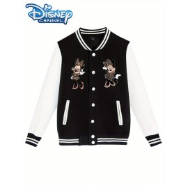 Women'S Vintage Mickey Mouse Decorated Black Bomber Jacket with Sequins - Casual Streetwear, Long Sleeve, Button-Up, Baseball Collar, Fall/Winter Fashion, Casual Streetwear Jacket | Playful Design | Sequin Embellishments