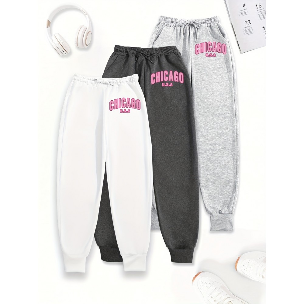 3-Pack Women'S Chicago Letter Print Sweatpants, Elastic Waist Casual Joggers, Polyester Knit, Loose Fit, Pockets, All-Season Sportswear, Adult Sizes
