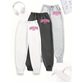 3-Pack Women'S Chicago Letter Print Sweatpants, Elastic Waist Casual Joggers, Polyester Knit, Loose Fit, Pockets, All-Season Sportswear, Adult Sizes