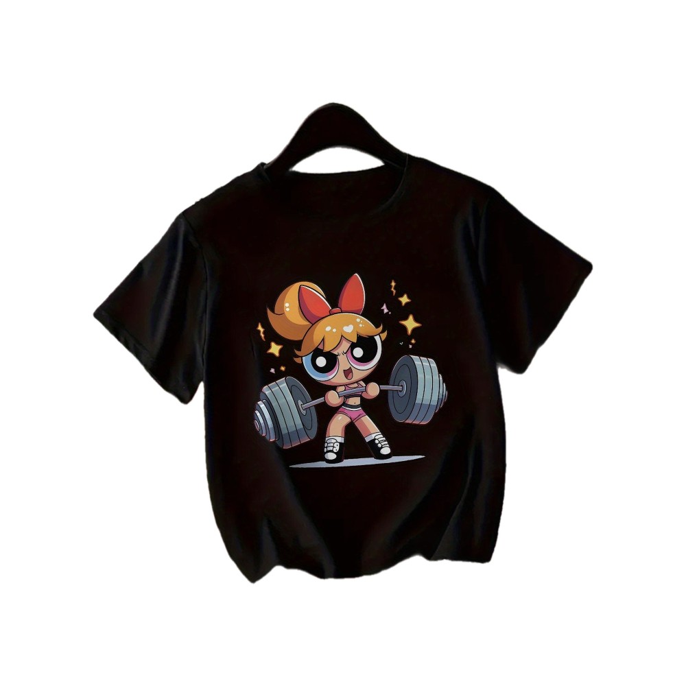 Women'S Y2K-Inspired Casual T-Shirt with Cartoon Print - Short Sleeve, Round Neck, All-Season Top | Playful Anime-Style Design with Bow and Weightlifting