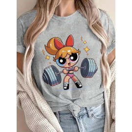 Women'S Y2K-Inspired Casual T-Shirt with Cartoon Print - Short Sleeve, Round Neck, All-Season Top | Playful Anime-Style Design with Bow and Weightlifting