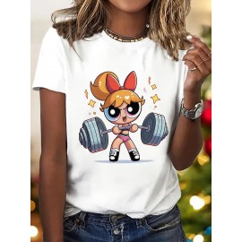 Women'S Y2K-Inspired Casual T-Shirt with Cartoon Print - Short Sleeve, Round Neck, All-Season Top | Playful Anime-Style Design with Bow and Weightlifting