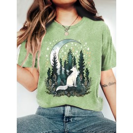 [Bohemian | Soft Stretch] Women's Bohemian T-Shirt | Soft Stretch Round Neck Short Sleeve Top | Fox & Pine Forest Graphic, All-Season Casual, Machine Washable, Multi-Color S-XXL