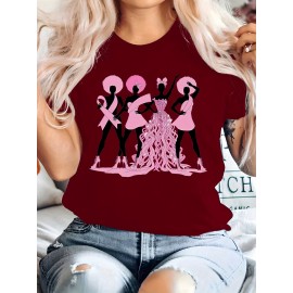 Plus Size, Women's Breast Cancer Awareness T-Shirt with Pink Ribbon & Survivor Silhouettes - Plus Size 0-5XL Oversized Short Sleeve, Soft Polyester, Round Neck Casual Comfort Fit, Year-Round Wear, Ideal Gift for Cancer Support (Vibrant Orange)