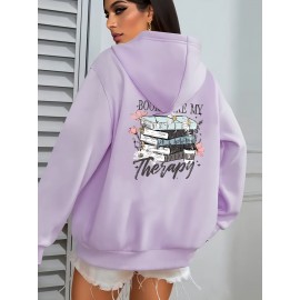 Plus Size, Women's Winter Elegant Geometric Print Hooded Sweatshirt - Cozy Pullover Hoodie with Book & Floral Design, 