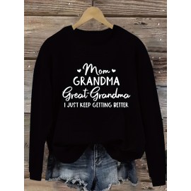 Women'S Plus Size Casual Pullovers, Polyester 100% Knit Fabric, Crew Neck with Slight Stretch, Alphabet Print, Fall/Winter Sportswear, Oversized Top with 