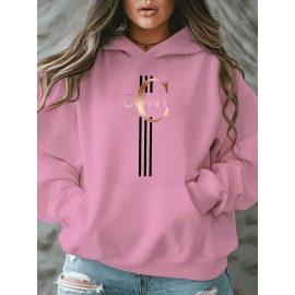 Calvin s Plus Size Oversized Hooded Sweatshirt - Light Grey with Black Letter 'C' & Golden Stripes Print, Cozy Fleece Pullover with Pockets, Women's Autumn Winter Casual Clothing, Autumn Winter Apparel, Comfortable Sweatshirt