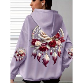 Plus Size - Women'S Plus Size Floral Print Hoodie - Soft, Comfortable Long Sleeve with Pockets, Casual Brown Pullover for All-Season Wear, Casual Wear Hoodie | Floral Print Hoodie | Soft Fabric Hoodie