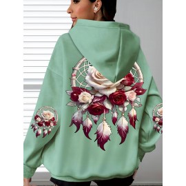 Plus Size - Women'S Plus Size Floral Print Hoodie - Soft, Comfortable Long Sleeve with Pockets, Casual Brown Pullover for All-Season Wear, Casual Wear Hoodie | Floral Print Hoodie | Soft Fabric Hoodie